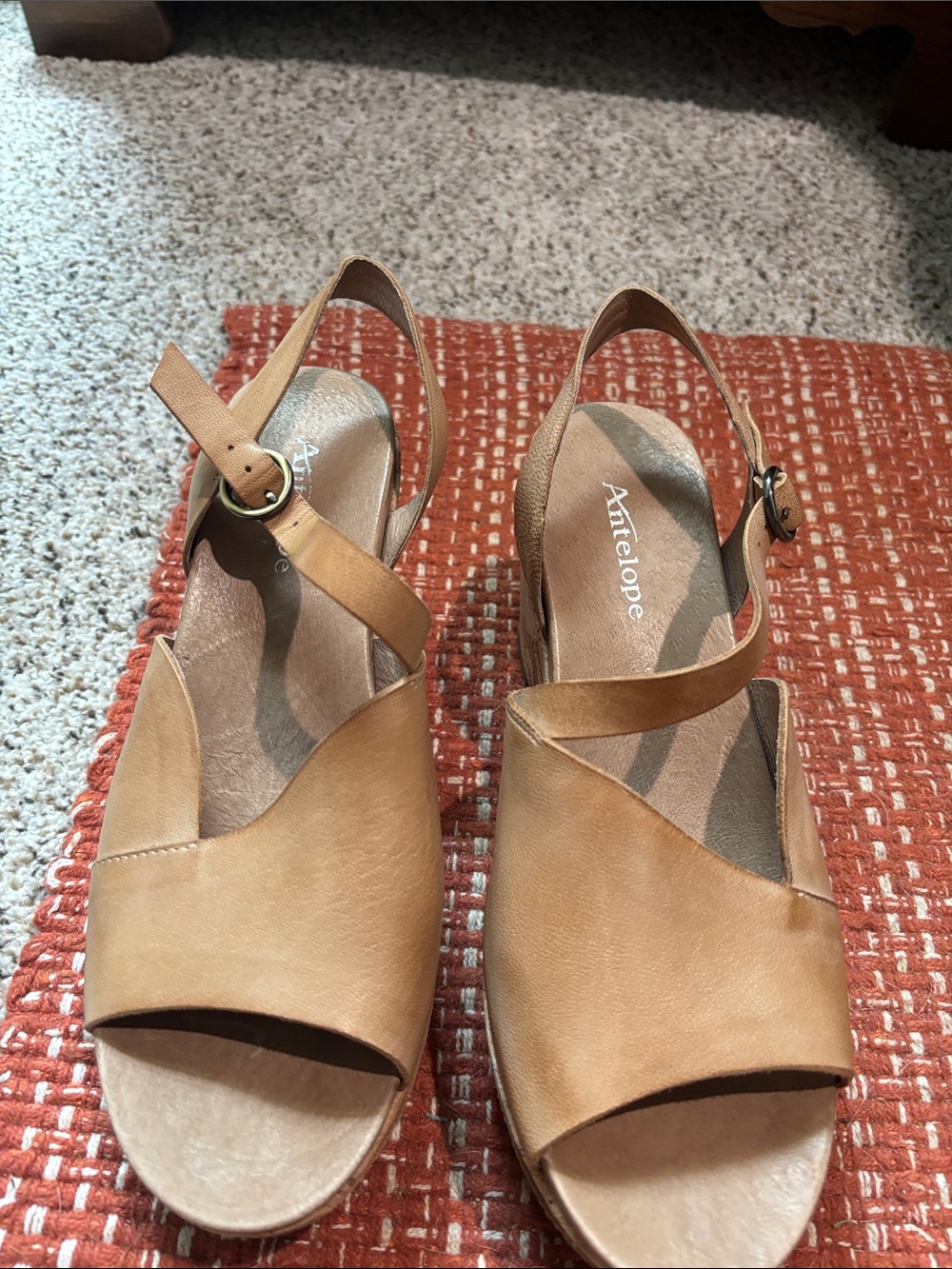 Antelope Tan Leather Slingback Wedges with Ankle Strap